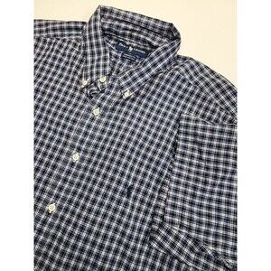 Ralph Lauren Shirt Mens‎ 17.5 Blue Plaid Button Up Short Sleeve Yarmouth Cotton